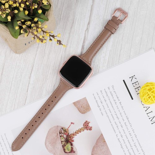TOYOUTHS Leather Strap Compatible with Fitbit Versa 2/Versa Bands Women Men Slim Genuine Leather Wristbands Replacement for Versa Lite/Versa 2 Special Edition Accessorie Pink (Gray+Rose Gold Buckle)