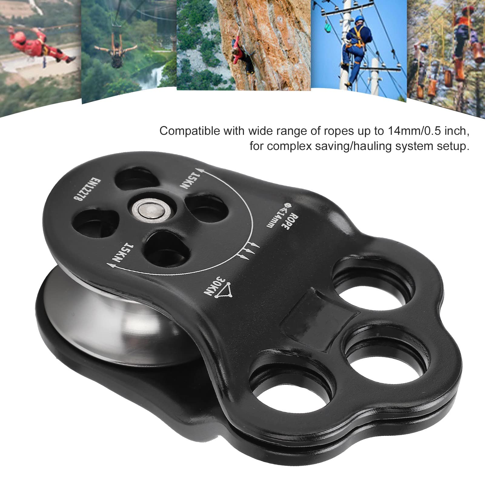 SUNGOOYUE 3 Hole Side Plate Pulley, Triple Hanging Points 30KN Aviation Aluminum Alloy Dual Bearing Hitch Climber Pulley for Climbing Rescue Aerial Work