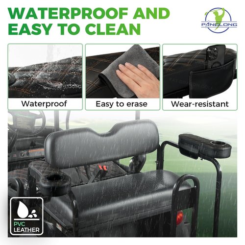 Panglong Golf Cart Armrest with Cup Holder Phone Bag, No Drilling Armrest Fits Yamaha Club Car EZGO Rear Seat with 1-Inch Square Tube, No Drilling PVC Leather Waterproof Armrest - Black