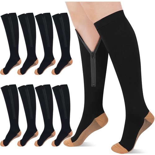 Tarpop 4 Pair Zipper Compression Socks Closed Toe 20-30 Mmhg Calf Knee High Compression Stocking for Men Women Swelling Edema (Large / X-Large,Yin-yang Pattern)