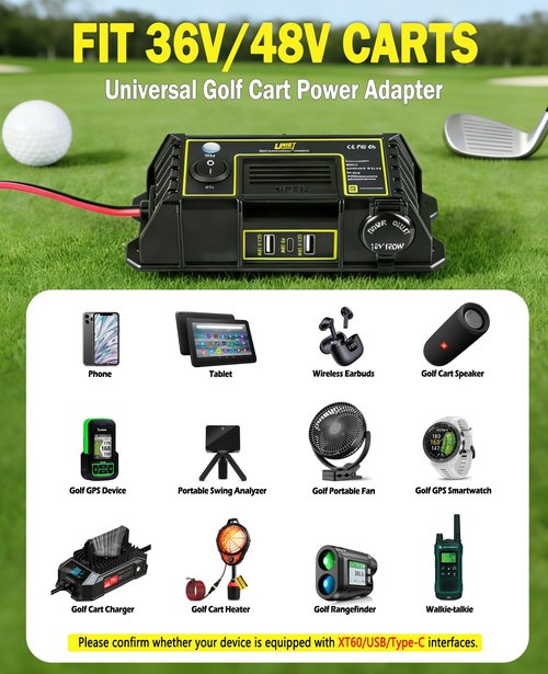 UNIGT Golf Cart USB Charging Port, 12V Cigarette Lighter Adapter & QC 3.0 USB Phone Charger & 2 XT60 Port, Safe Charging Easy Installation, Multi Plug Outlet for Club Car/Yamaha/EZGO