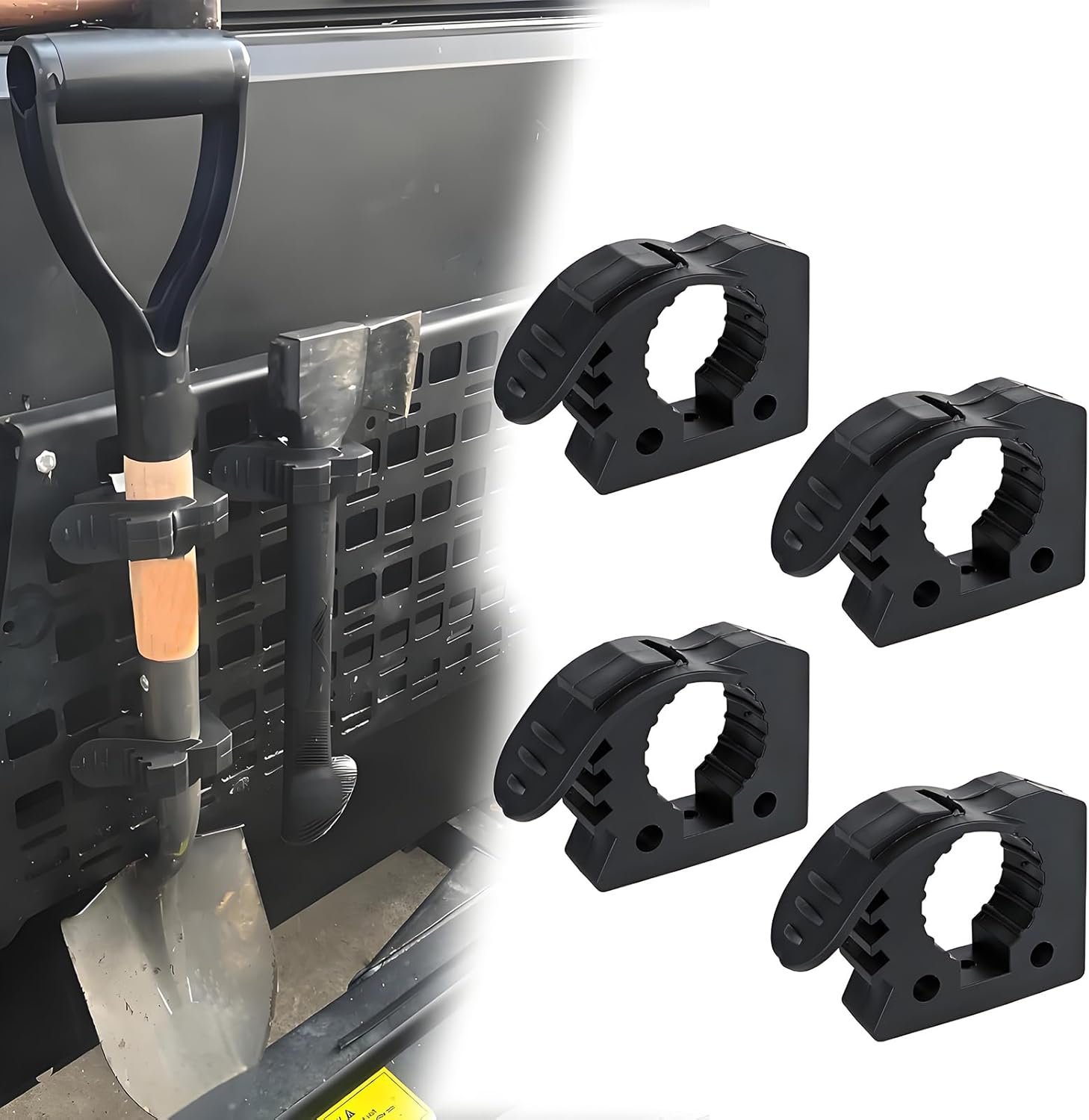 UTV ATV Shovel Holder - Quick-Release Molle Panel Rubber Clamps for Off-Road Vehicles | Fits 1-1/7" to 1-3/7" Diameter (Medium - 4 Pack)