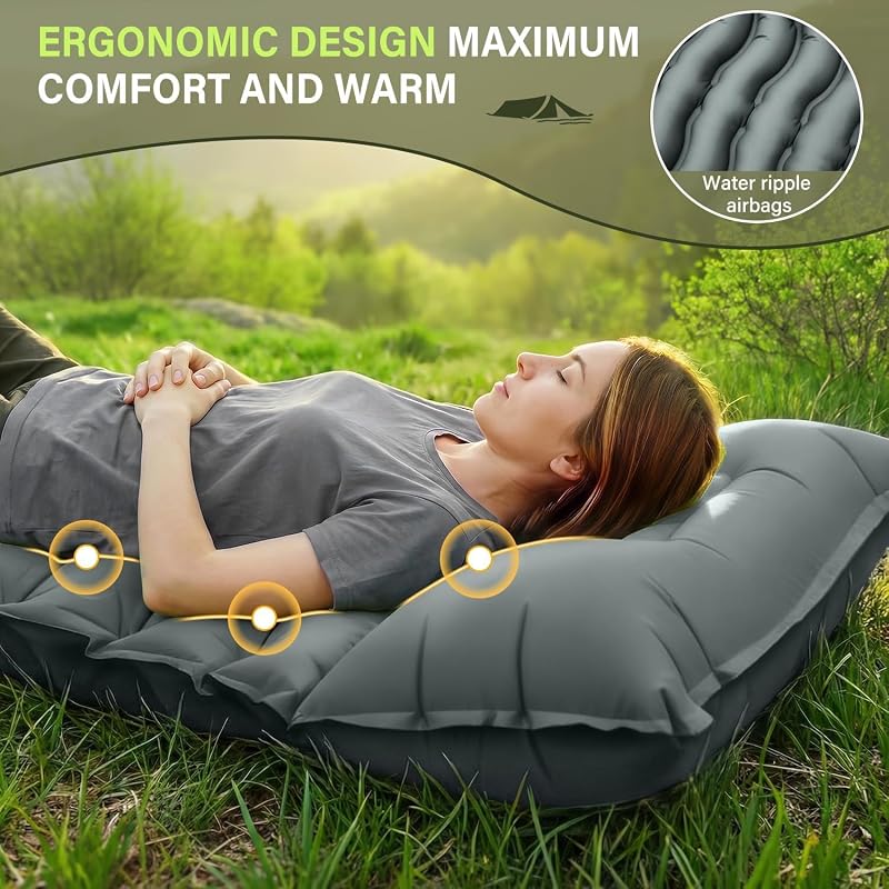 Ultralight Inflatable Sleeping Pad with Built-In Pillow, 78x27x3 in – Ultralight Camp Pad, Grey (Variation: Grey)