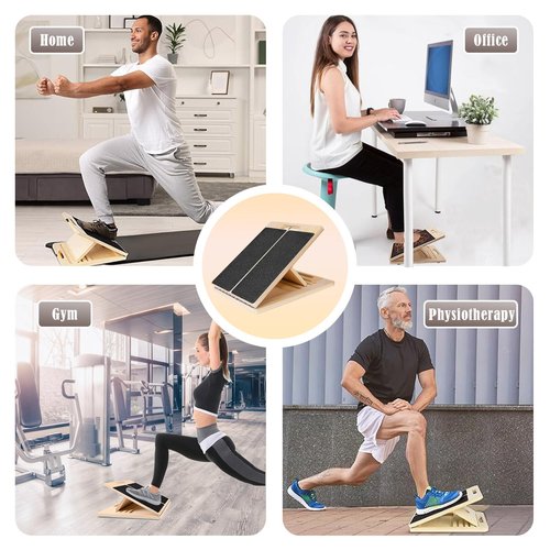 Wooden Slant Board for Calf Stretching, Adjustable Calf Stretch Board with Training Poster & Resistance Bands, 300lb Weight Capacity Calf Ankle Achilles Physical Therapy Leg Exercisers Portable
