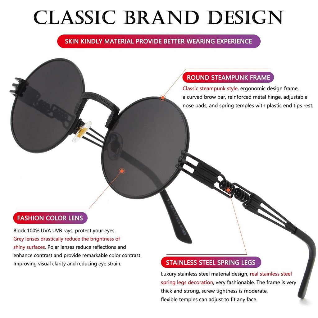 AIEYEZO Round Steampunk Sunglasses for Men Women Retro Circle Hippie Glasses Metal Frame 100% UV Blocking Lens (Black/Grey)