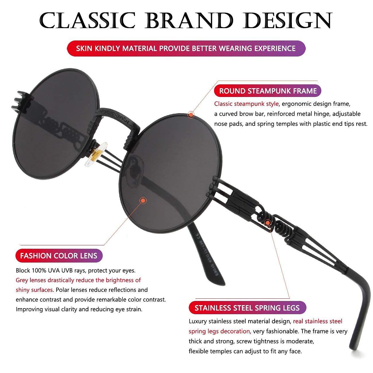 AIEYEZO Round Steampunk Sunglasses for Men Women Retro Circle Hippie Glasses Metal Frame 100% UV Blocking Lens (Black/Grey)