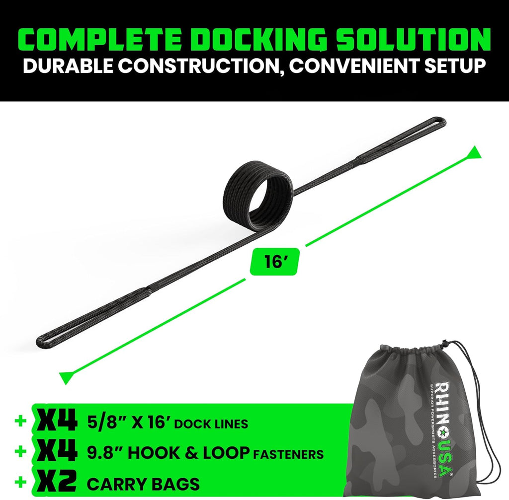 Rhino USA Dock Lines - Heavy Duty 5/8" x 16' Marine Grade Rope for Boats, Kayaks & Pontoons - Black