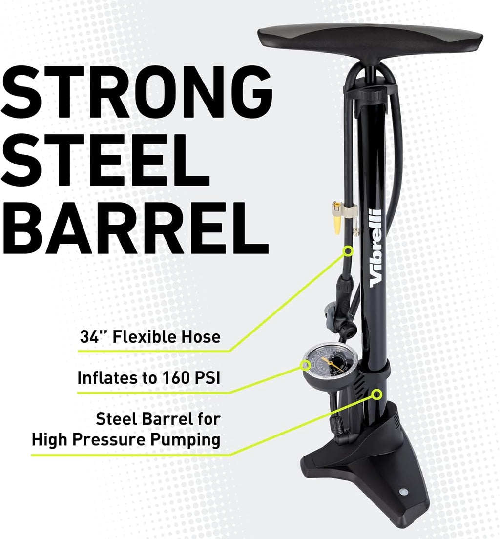 Vibrelli Bike Floor Pump with Gauge - High Pressure 160 PSI | Presta & Schrader Valve Compatibility