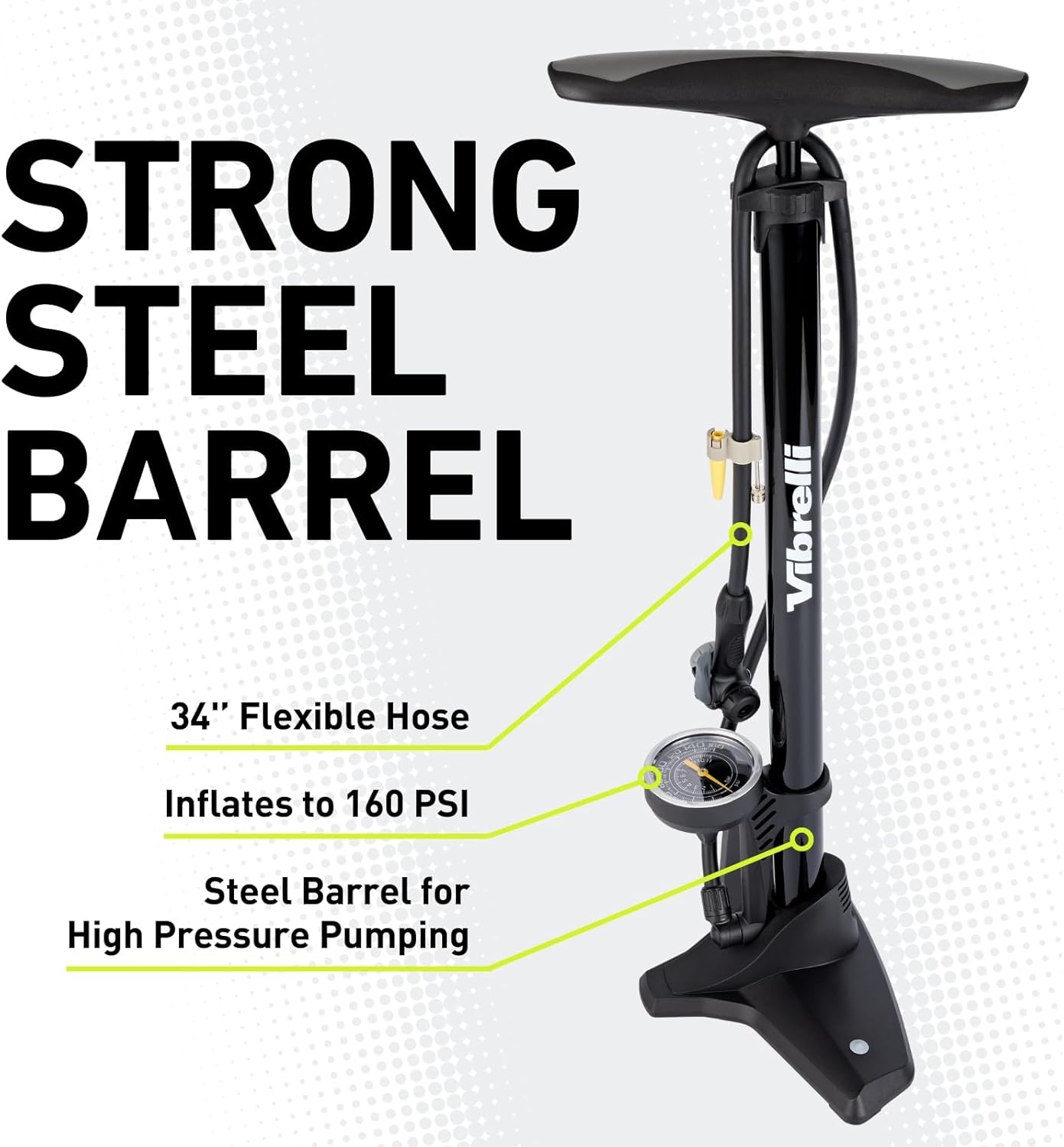 Vibrelli Bike Floor Pump with Gauge - High Pressure 160 PSI | Presta & Schrader Valve Compatibility