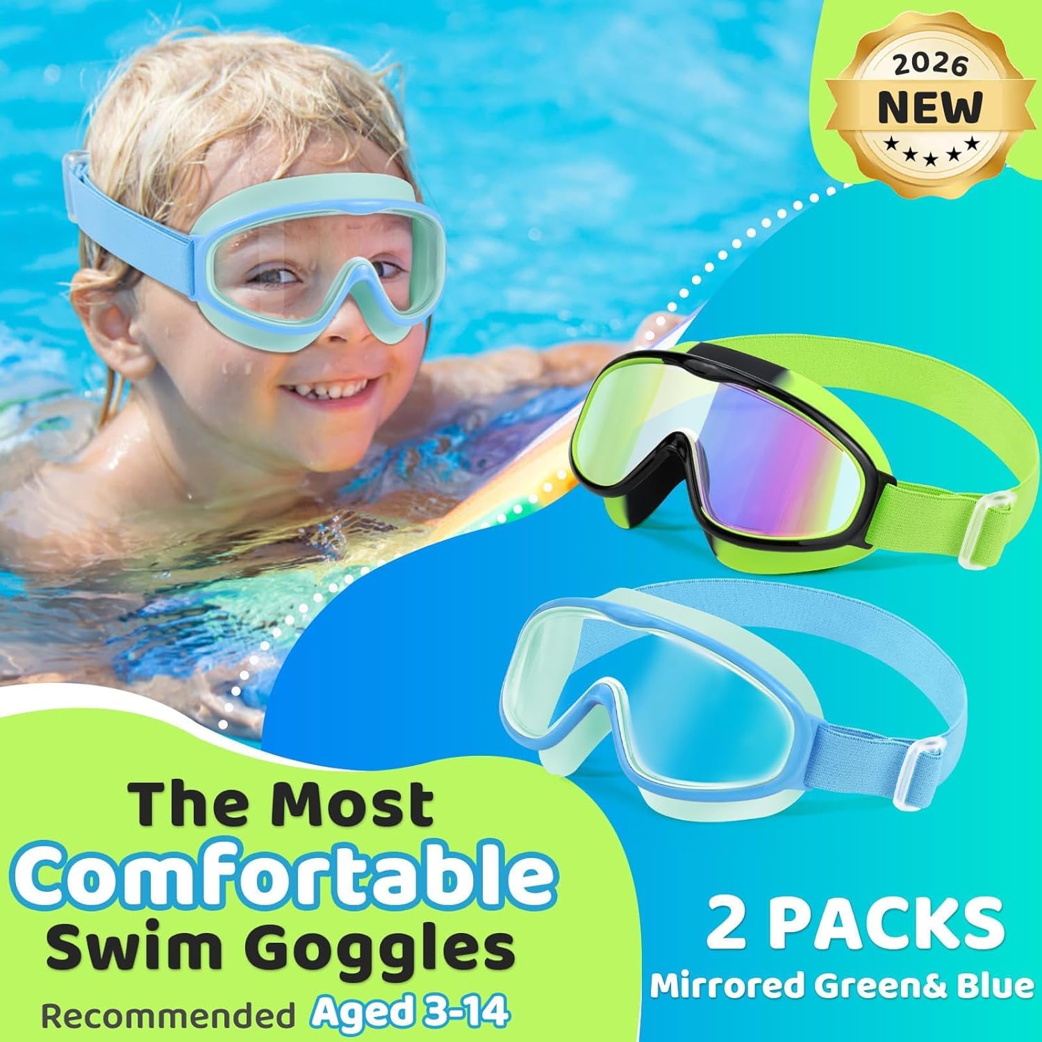 Vvinca Kids Swim Goggles - Anti-Fog, UV Protection & No Leaking | Comfortable Fabric Strap for Ages 3-14