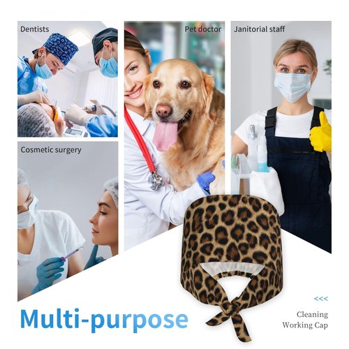Cheetah Working Cap, Leopard Print Scrub Cap with Sweatband, Adjustable Tie Back Hat Breathable Headgear for Women/Men
