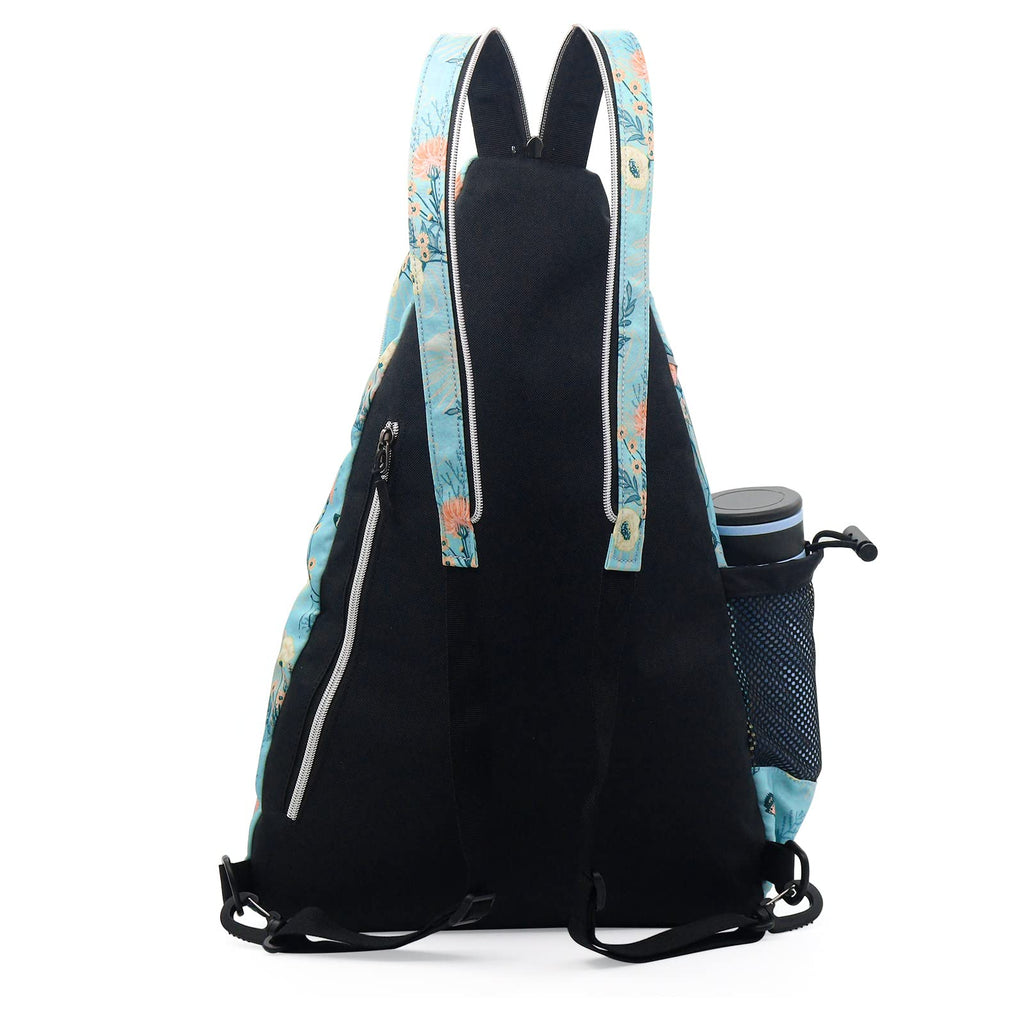 ZOEA Pickleball Sling Bag, Adjustable Pickleball Backpack with Fence Hook Water Bottle Holder, Fits 4 Paddles and All Your Other Gear (Flower Blue)