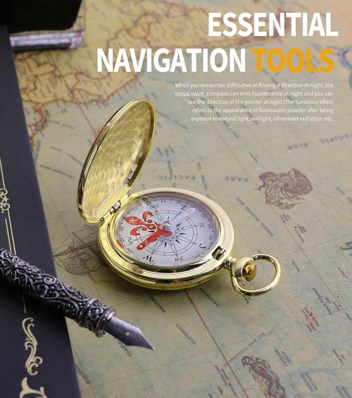 Gold Antique Brass Compass Key Chain - Waterproof Pocket Compass for Kids, The Perfect Survival Tool and Gift for Boy Scouts with Retro Gold Compass Design 2-Piece Set
