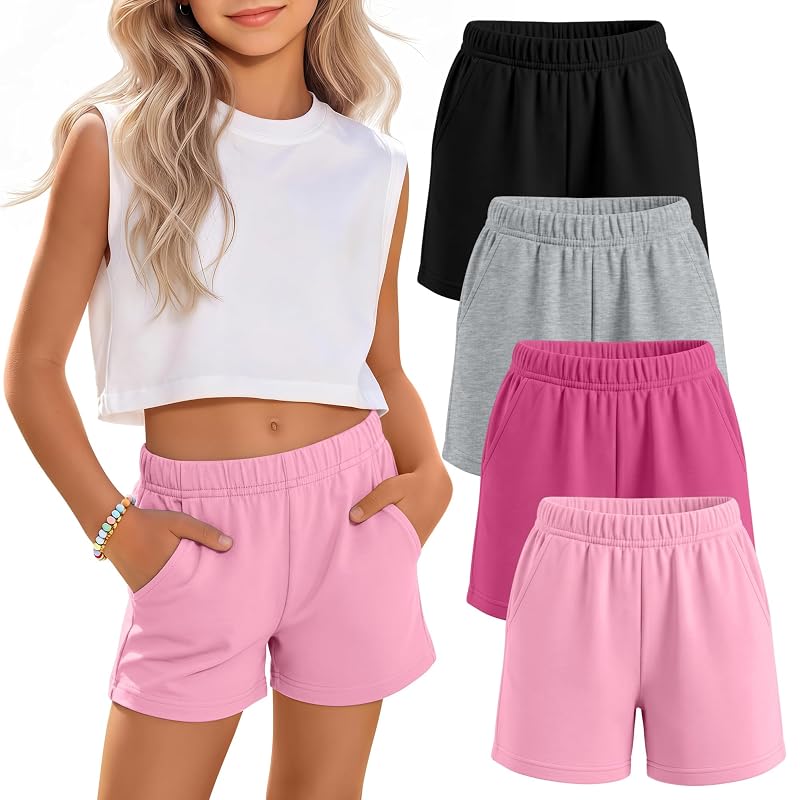 Oakgarden 4 Pack Girls Bike Shorts - Pink, Rose Red, Light Gray, Black 7-8 Years