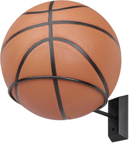 Basketball Holder Wall Mount - 7 Inch Solid Wood Base with Metal Ring | Sports Storage & Display Rack