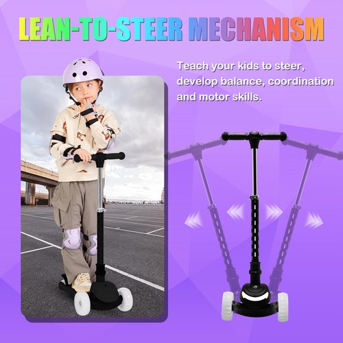 Rahmory 3-Wheel Light-Up Kids Scooter,20 Different Light Patterns,Three Adjustable Heights,Lean to Steer, Folding Scooter for Ages 3-8