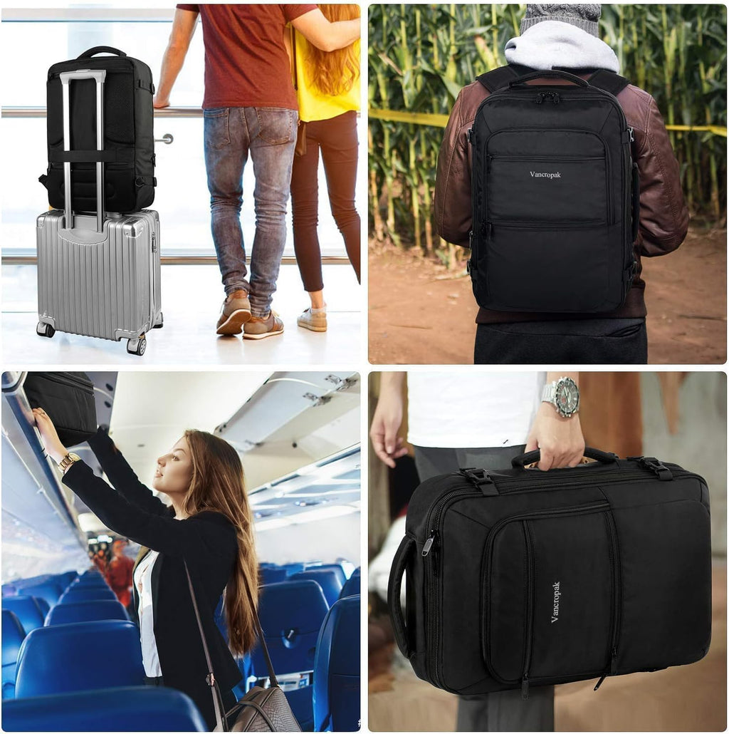 Vancropak Carry-On Backpack - 40L Expandable Travel Bag | Flight Approved & Water Resistant, Black