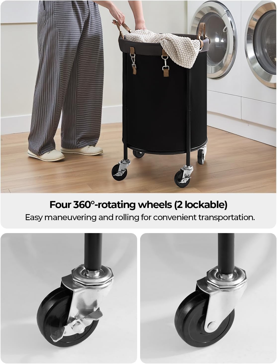StorageWorks Rolling Laundry Basket - 110L Clothes Hamper with Wheels & Removable Bag - Black