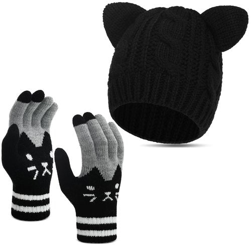 Ramede Women's Cute Cat Ears Beanie and Touchscreen Gloves Set, Double-layered Knitted Winter Hat Warm Woollike Crochet Ski Headgear and Knit Gloves New Year Anime Gifts for Women for Cold Weather
