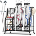 Golf Storage Organizer for Garage, Golf Bag Storage Rack with Lockable Wheels, Heavy Duty Golf Club Organizer with 3-Tier Shelves & Removable Hooks for Golf Accessories, Golf Bag Stand Holder, Black