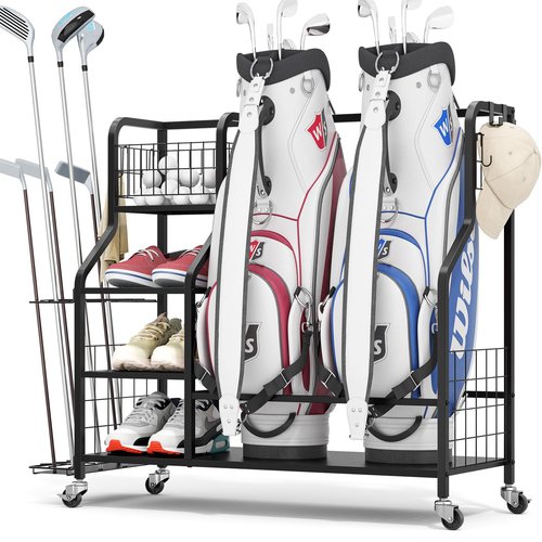Golf Storage Organizer for Garage, Golf Bag Storage Rack with Lockable Wheels, Heavy Duty Golf Club Organizer with 3-Tier Shelves & Removable Hooks for Golf Accessories, Golf Bag Stand Holder, Black