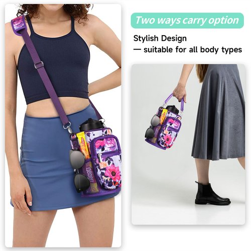 AceTreker 64 oz 128 oz Neoprene Water Bottle Holder with Strap & 5 Pockets for Insulated Metal Hydro Jug Water Bottles, Thermo Flask Sleeve Carrier Bag for Camping Trip-Purple Rose