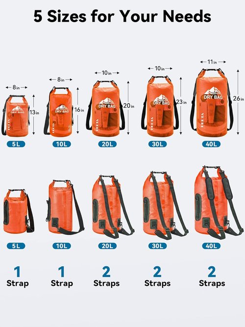 HEETA Waterproof Dry Bag - Lightweight Roll Top Storage Backpack with Phone Case | 5L/10L/20L/30L/40L Options for Travel, Swimming, and Camping