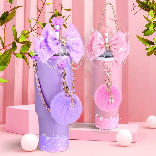 Mity rain Bling Cup Accessories for Stanley Cup 30oz 40oz 20oz Tumbler with Handle, including Bow Straw Topper Cover, Straw Bow Decorate, Leather Water Bottle Handle Strap, Boot (Purple)