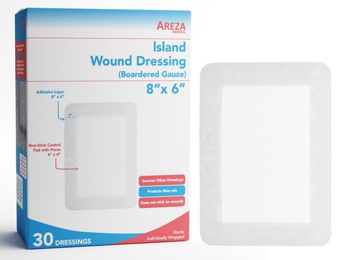 Areza Medical - Bordered Gauze Island Dressing - Wound Dressing - Latex Free - sterile - 8" x 6" - 30 per Box