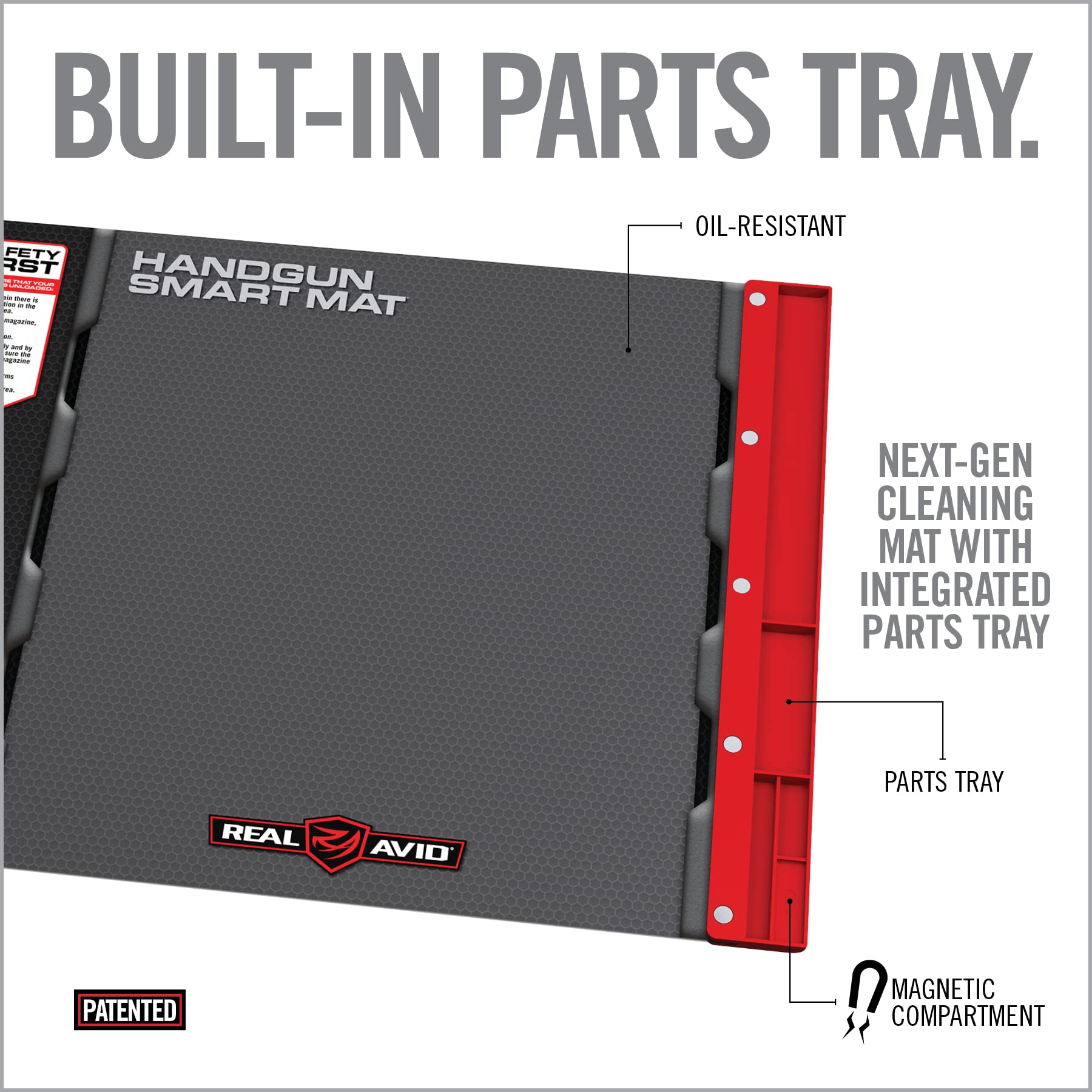 Real Avid Gun Cleaning Mat for Handguns with Magnetic Organizer Parts Tray; Protective Workbench Mat for Pistol Cleaning, Handgun Cleaning Pad with Red Tray for Gun Accessories and Gun Parts