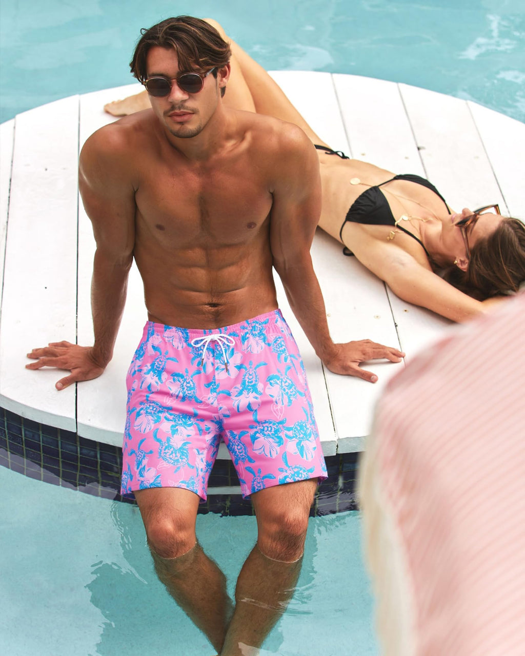 SURF CUZ Mens Swim Trunks with Compression Liner Quick Dry Swim Shorts 7" Swimming Trunks Stretch Zipper Pockets Pink Blue Turtles Large