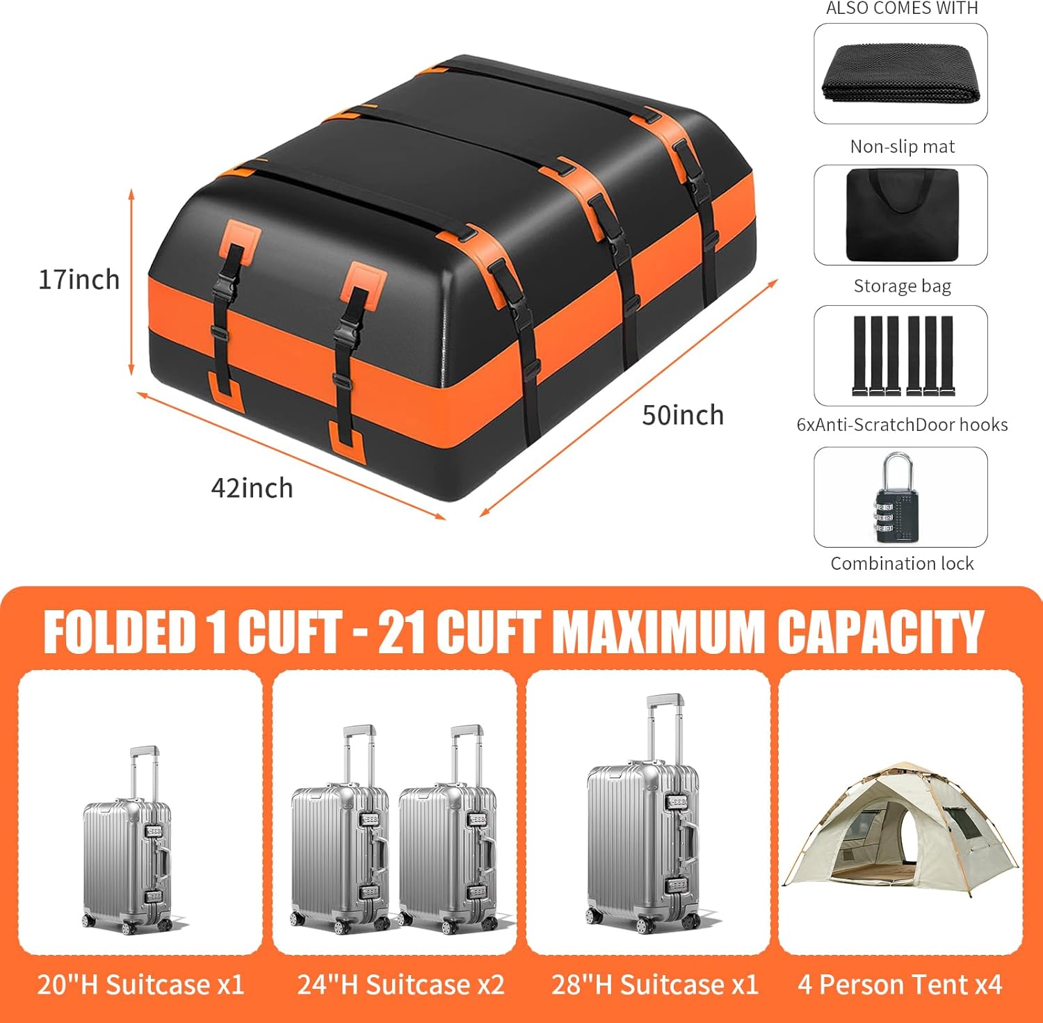 Skiennix 21 Cubic Feet Rooftop Cargo Carrier Bag - 100% Waterproof Heavy Duty with Anti-Slip Mat & Accessories