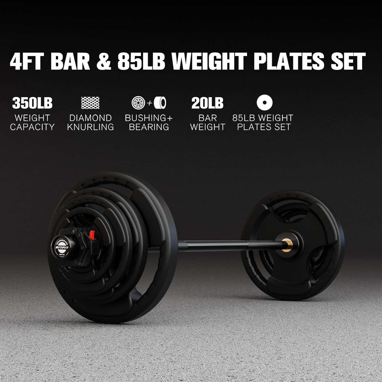 RitFit Olympic Barbell Weight Set - 4/6FT Bar with 55-115LB Plates for Weightlifting & Strength Training