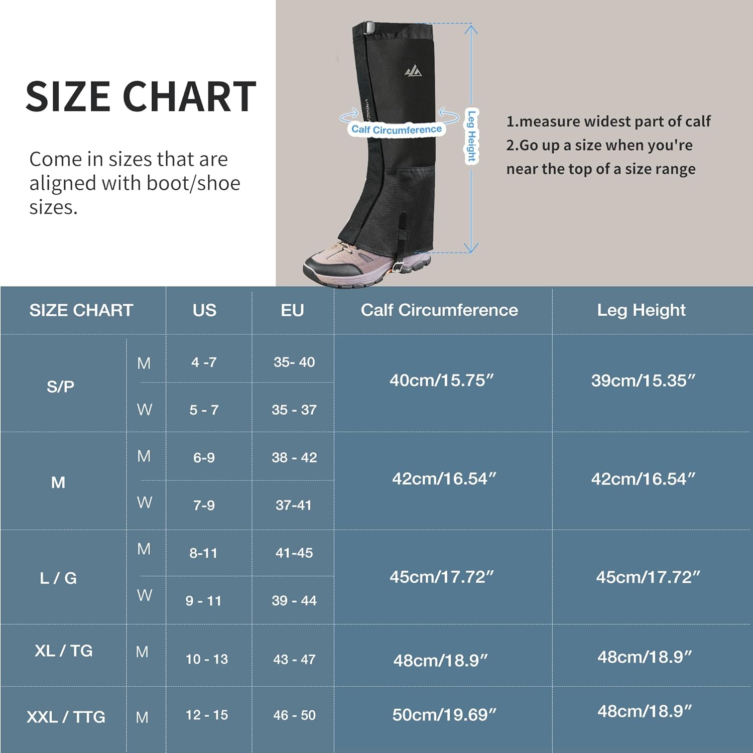 Unigear Leg Gaiters - Durable 1000D Waterproof Boot Gaiters for Hiking, Walking, Climbing & Skiing