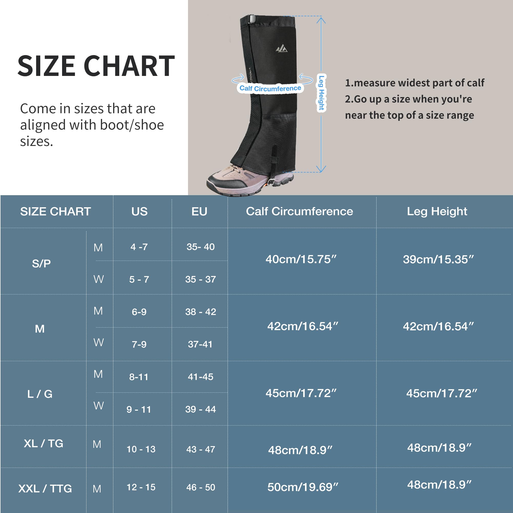 Unigear Snow Leg Gaiters for Men Women, Waterproof Boot Gaiters for Hiking Walking Climbing Hunting Skiing 1000D Fabric (Grey,Medium)
