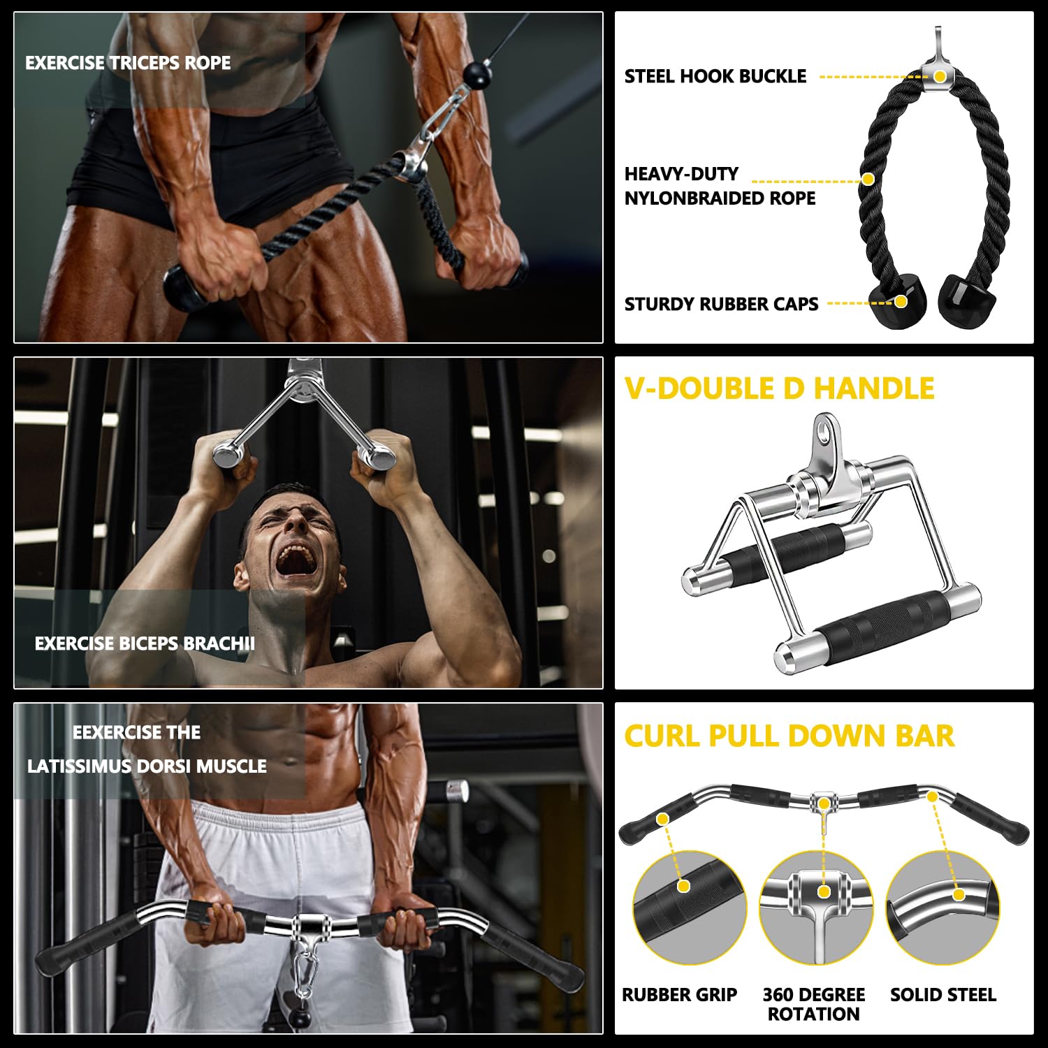 Cable Machine Attachment, LAT Pulldown Attachments, Home Gym Accessories, Triceps Pull Down Attachment (V Handle + Row Handle + Rotating Bar + Tricep Rope + Ankle Straps + D Handle + Curl LAT Bar)