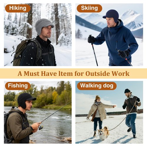 ZEXIAN 2Pack Men&Women Winter Warm Fleece-Lined Knit Beanie Hats with Visor & Ear Flaps for Cold Weather (US, Alpha, One Size, Black+Grey)
