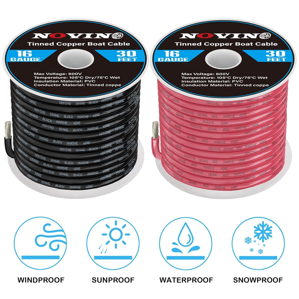 Skiennix 16 AWG Marine Wire - 30FT Red & 30FT Black, Oxygen-Free Tinned Copper for Boats & RVs