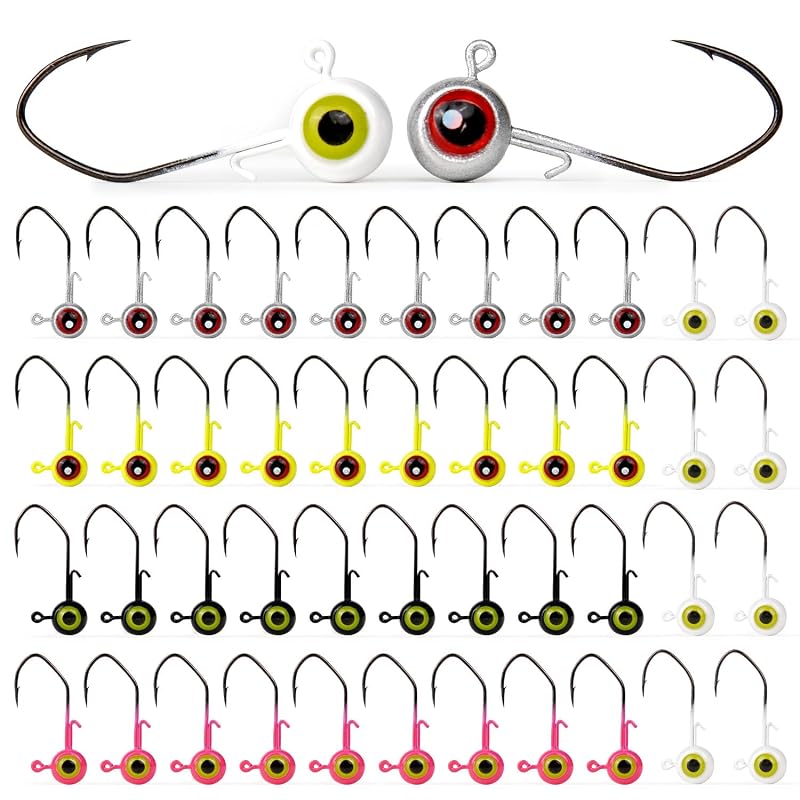 40-Pack Fishing Jig Heads 1/32-1/8oz - 5 Colors Kit for Panfish, Walleye, Bass (Style1+1/16) - 40 PCs