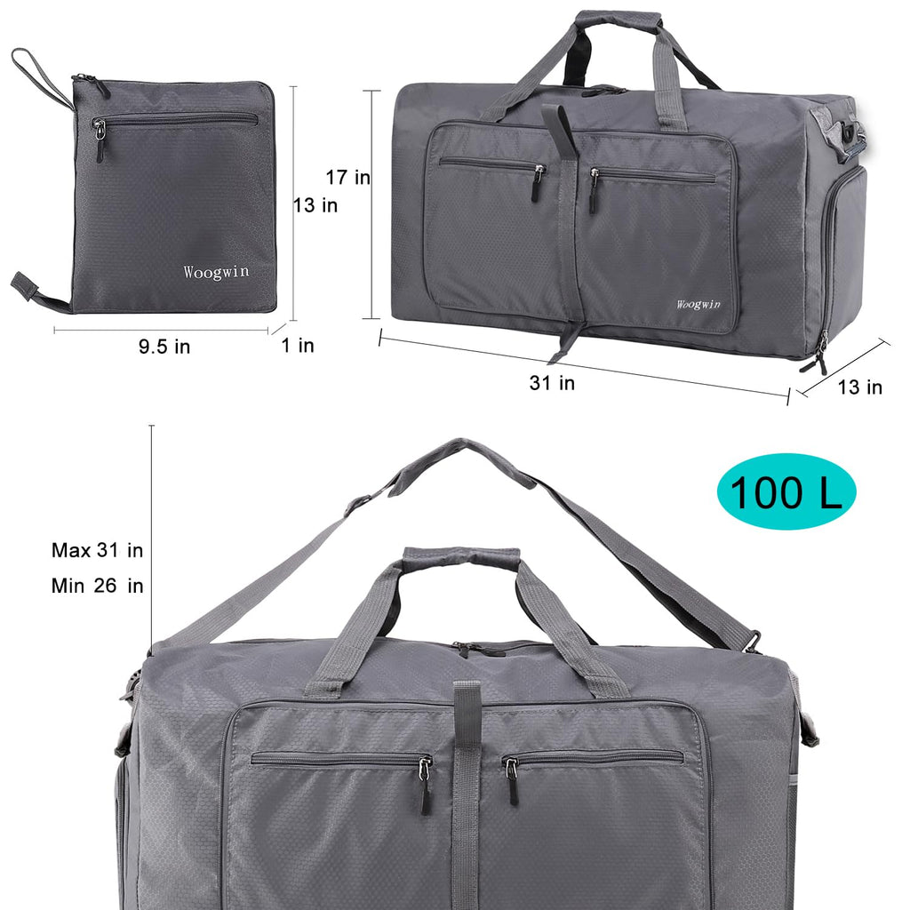 Woogwin Travel Duffel Bag Large Foldable Waterproof Overnight Bag for Beach Swim Bags Pool Sports Gym (100L Grey)
