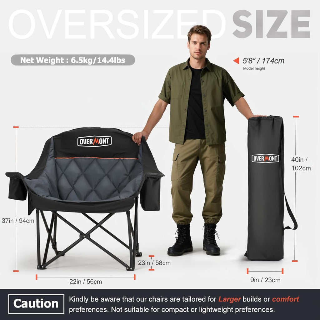 Overmont Oversized XL Camping Chair - Heavy-Duty 400lbs Support with Padded Comfort & Side Pocket | Black