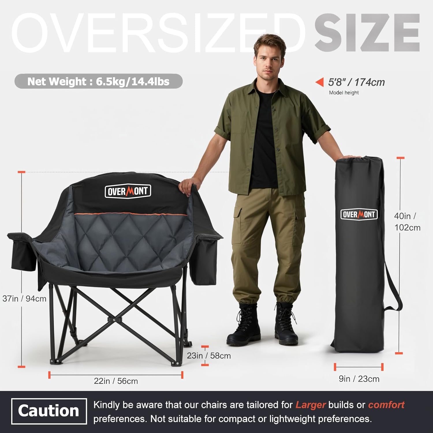 Overmont Oversized XL Camping Chair - Heavy-Duty 400lbs Support with Padded Comfort & Side Pocket | Black