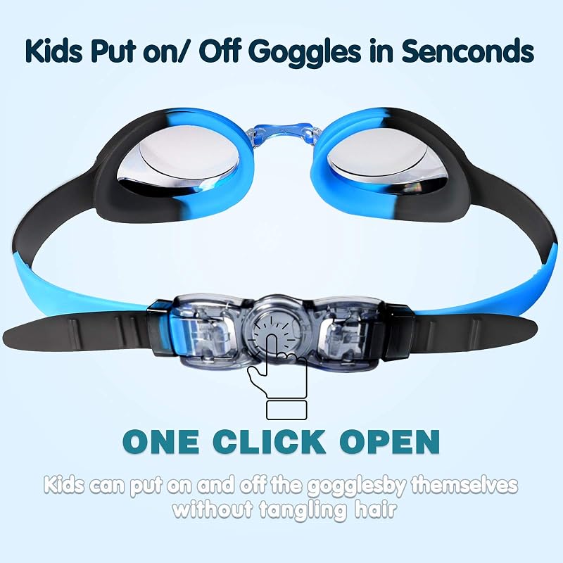 Kids Swim Goggles Anti-Fog UV - 3 Interchangeable Nose Pieces, Keary, Mirrored Green & Clear Blue