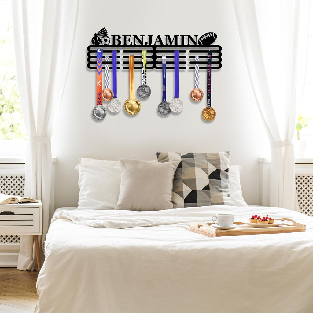 Skiennix Personalized Medal Hanger Display - Custom Name Wall Mount Trophy Shelf | Tiered Award Rack for Sports