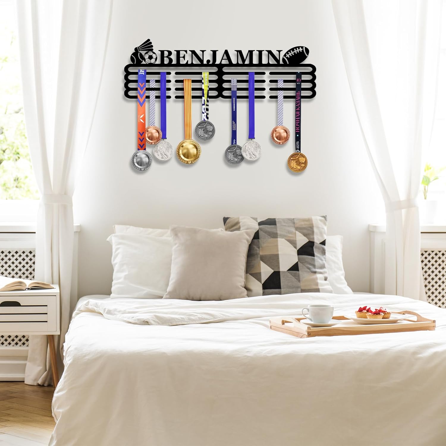 Skiennix Personalized Medal Hanger Display - Custom Name Wall Mount Trophy Shelf | Tiered Award Rack for Sports
