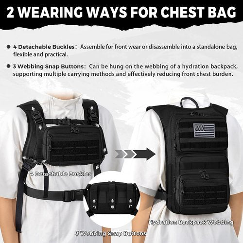 Koculemi Tactical Hydration Backpack with 2L Water Bladder and Front Small Tactical Pouch, Outdoor Water Backpack for Men Women, Sports Hydration Pack for Hiking, Cycling, Climbing (Black, M)