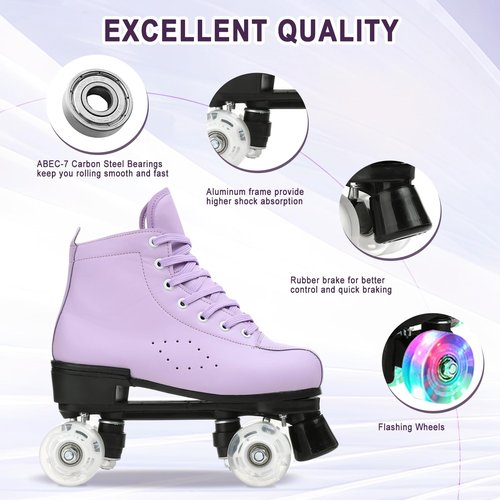 Risup High Top Roller Skates for Women and Men - Classic Double Row Four Wheel Skates - Cowhide Shoes for Girls Unisex - Purple Flash, 35 US 5