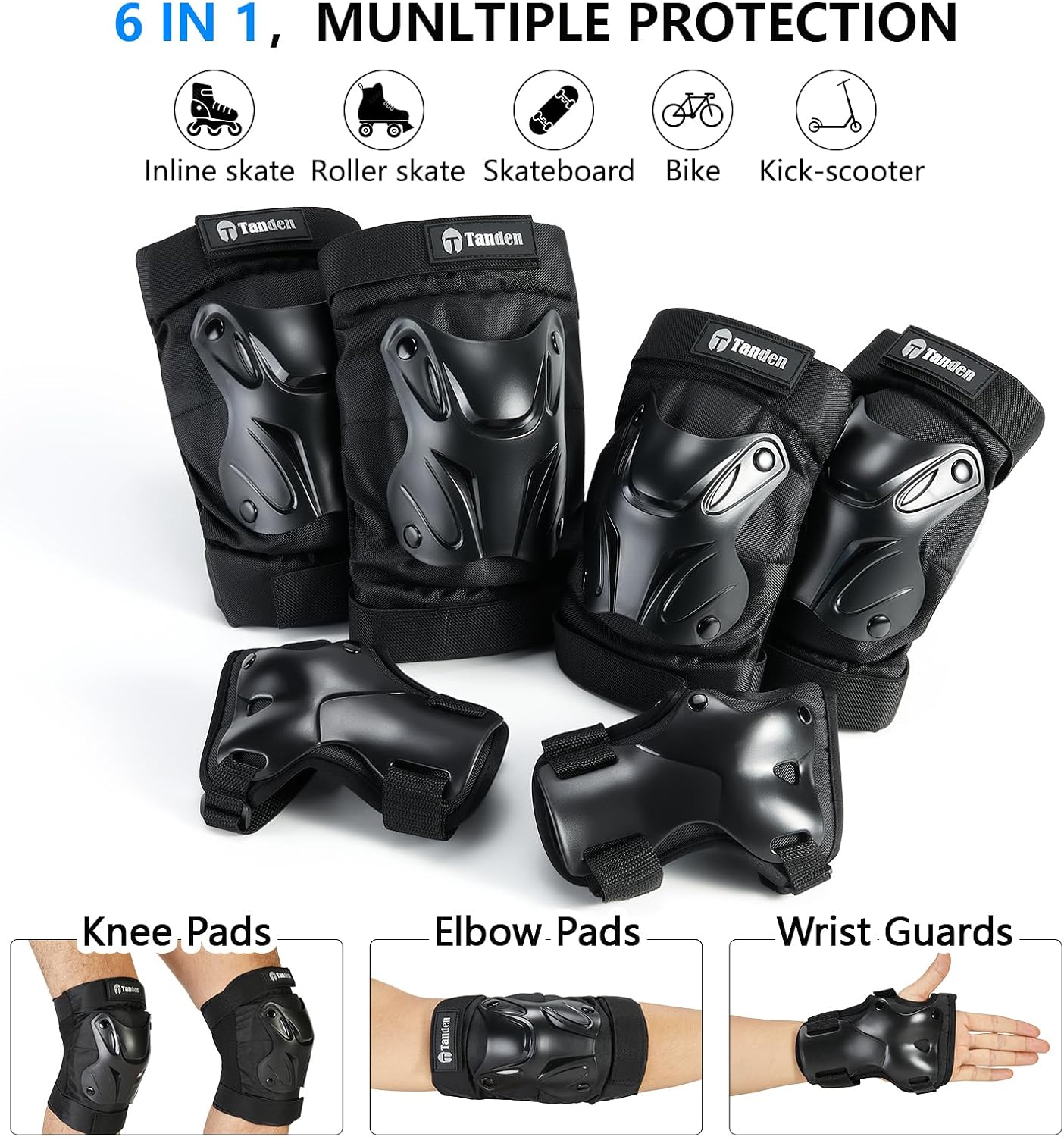 Tanden Protective Gear Set - Knee & Elbow Pads with Wrist Guards for Roller Skating | Adult Size