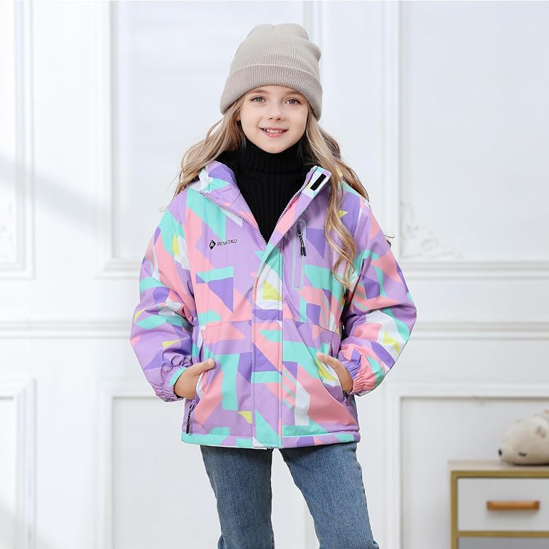 Girls' Waterproof Winter Ski Jacket – Fleece Lined Hooded Snow Coat, Cube Purple+13-14
