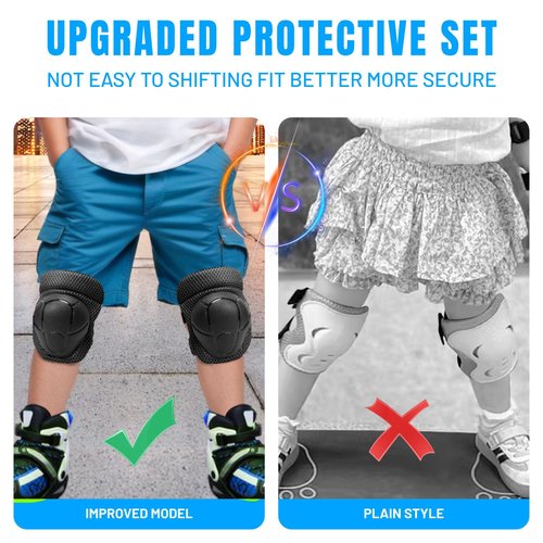 GEQID Kids Knee Pads Elbow Pads Wrist Guards Set ,Protective Gear for 4-6-12 Boys Girls Roller Skating Scooter Skateboarding Bike (Black, Free Size (4-12 Years or 40-80lbs))